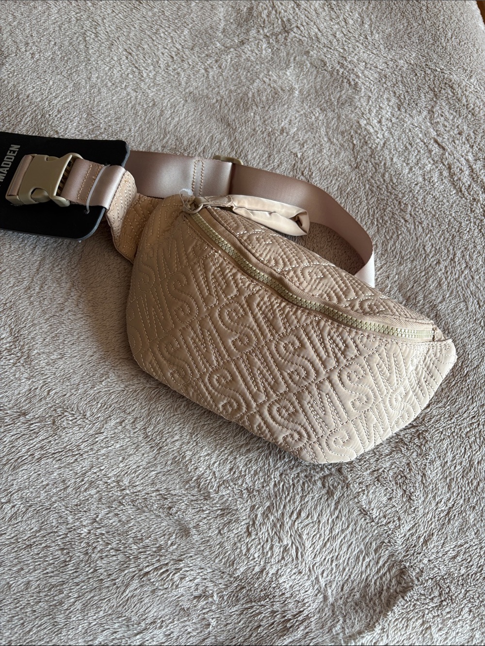 Steve Madden Quilted Logo Crossbody Belt Bag in Light Beige